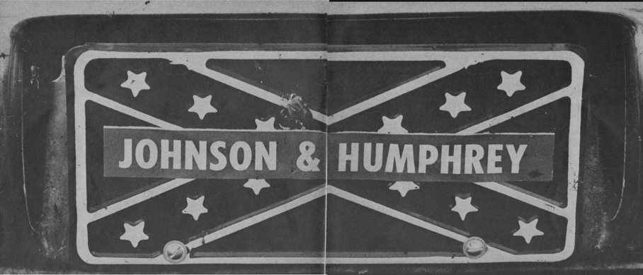 Confederate Flag license plate with Johnson/Humphrey campaign sticker superimposed